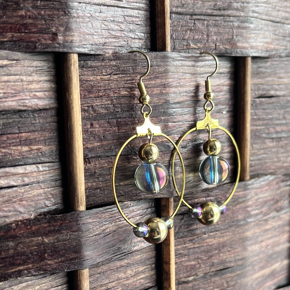 Small Gold and Iridescent Bead Hoop Earrings